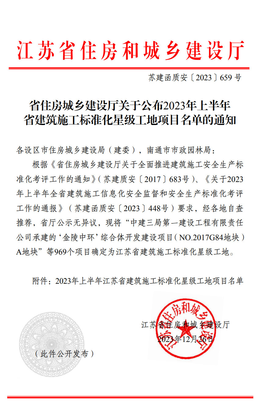 省住房城乡建设厅关于公布2023年上半年省建筑施工标准化星级工地项目名单的通知